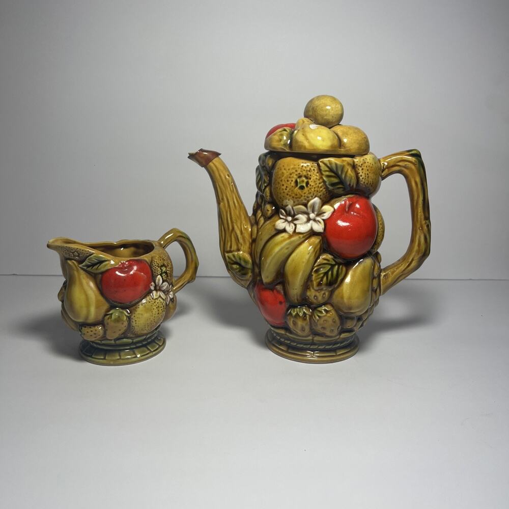 Vintage Ardco Harvest Fruit Planter Ceramic Teapot & Cup Apples Grapes Pears